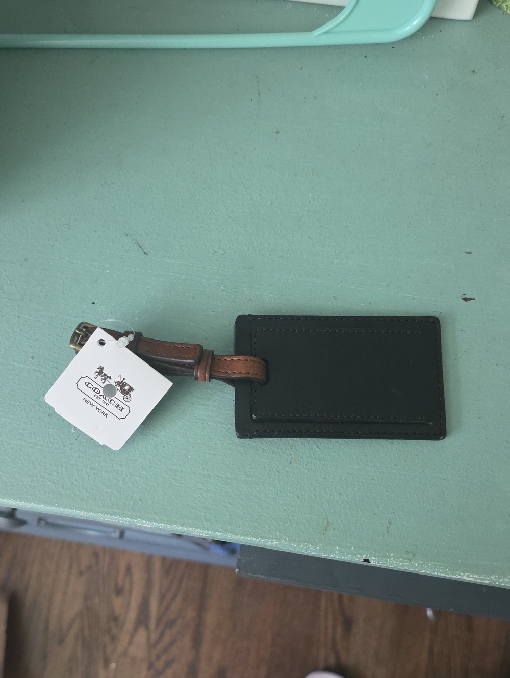 Coach Black Leather Luggage Tag with Brown Strap